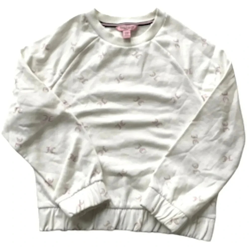 Juicy Couture girls cinch waist sweatshirt cream w mauve glitter emblems sz 8/10